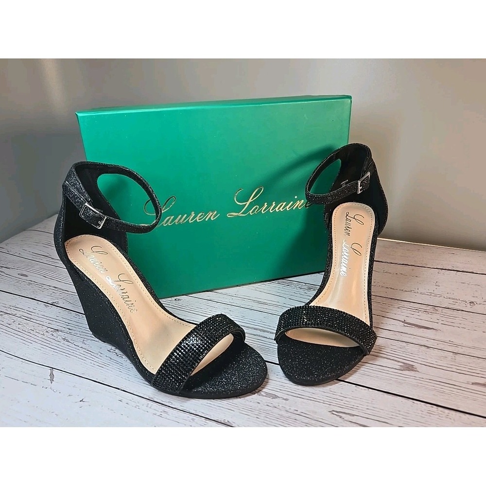 Lauren Lorraine Shoes Womens‎ Sz 5.5 Black Shimmer Wedge Heel Rhinestone Holiday